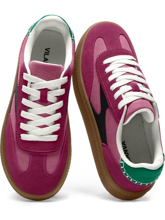 Shoes - Women's Pink Multi Suede Fashion Classic Retro Gum Sole Walking Trendy Sneakers